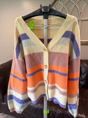 Papermoon Striped V-Neck Button Cardigan - Cream, Orange, Purple, Pink
